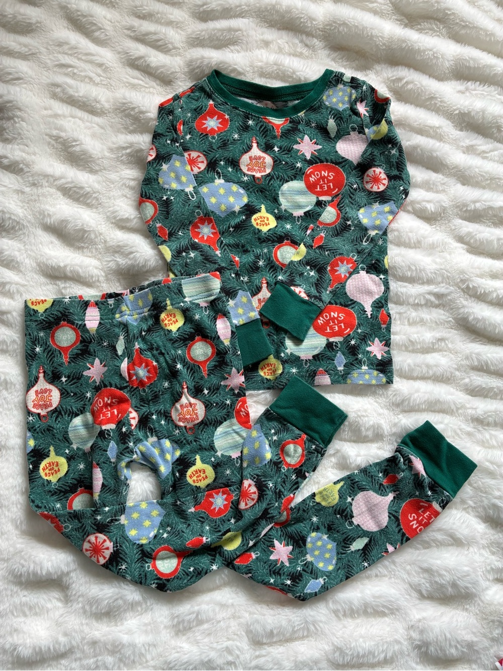 Old Navy Green Holiday Ornament Pajama Set with Red and Pink Accents